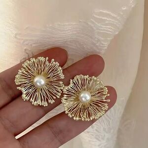 Gold Floral Earrings with Pearl Center